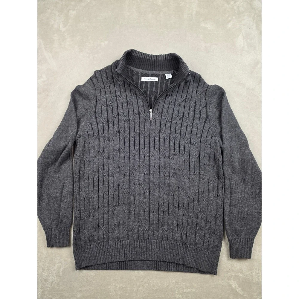 Tommy Bahama Quarter Zip Sweater Mens XL Gray Cable Knit Cotton Pullover